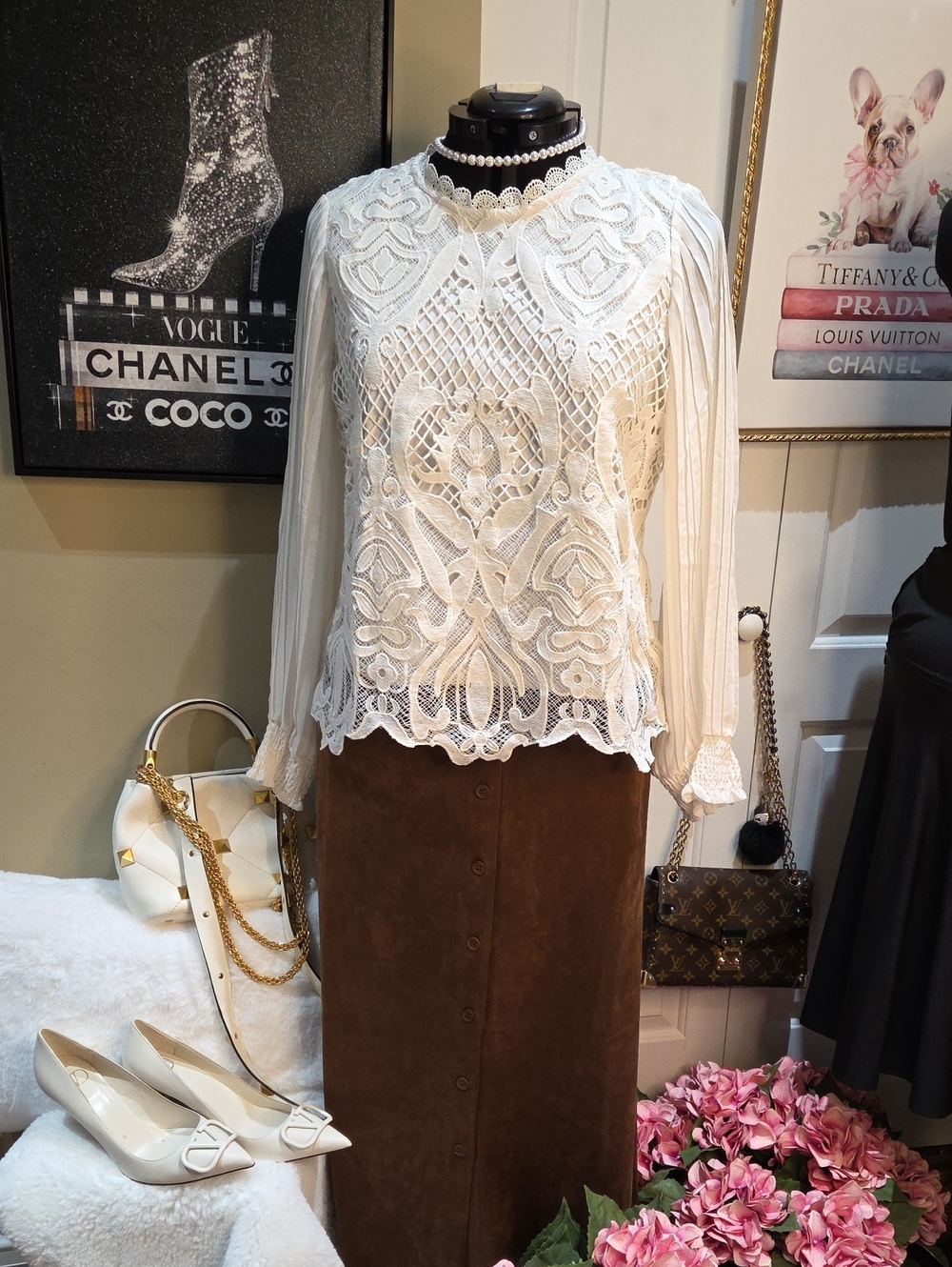 Bailey 44 Ivory Lace Long-Sleeve Crochet Blouse